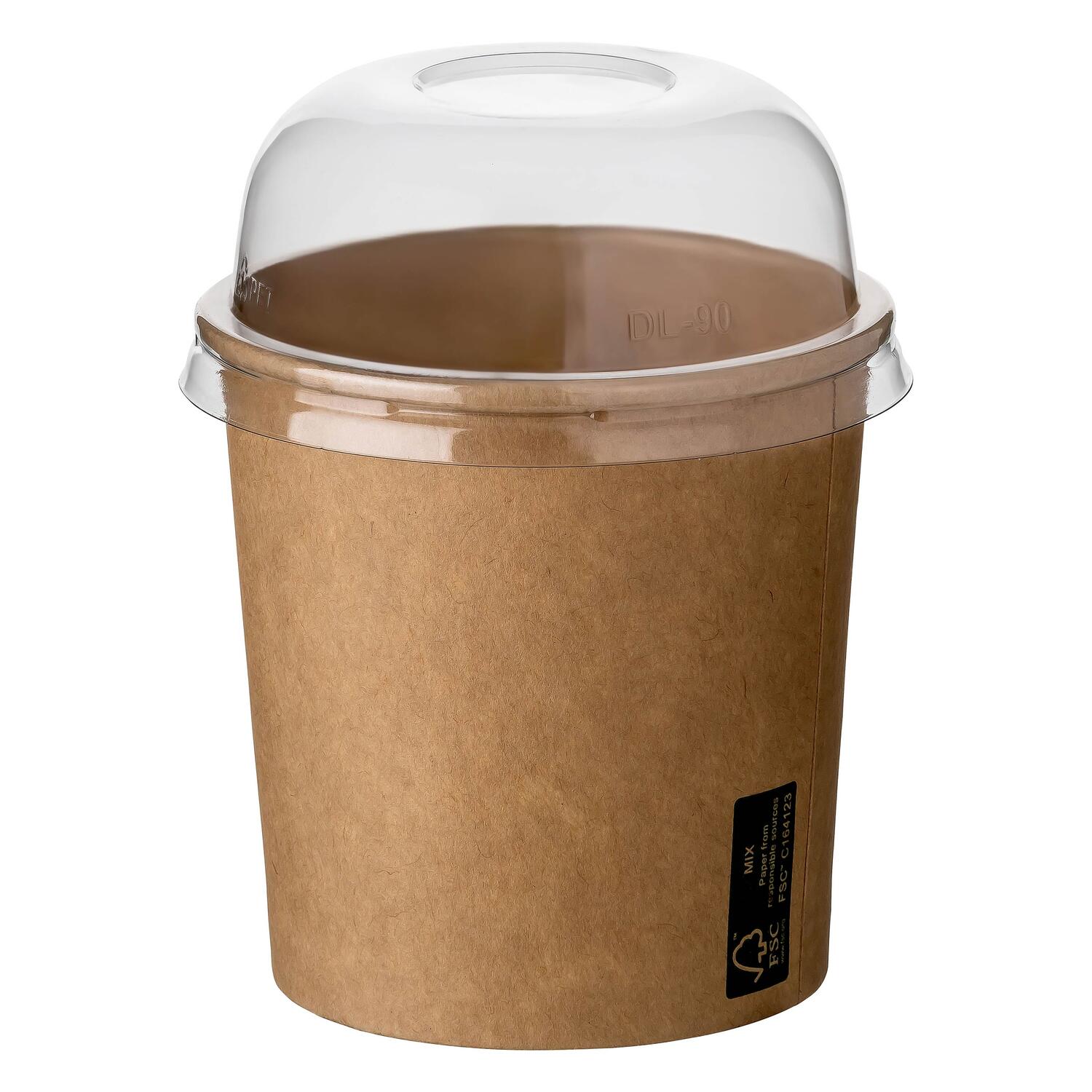 Eisbecher aus Kraftpapier FSC rund 350 ml braun mit transparentem Domdeckel, 50 Stk.